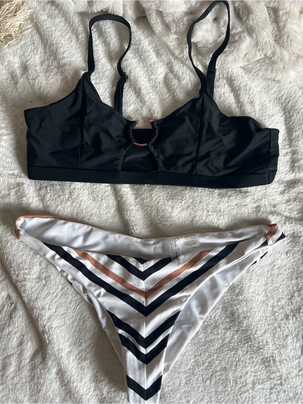 Beach Bunny Black Bikini Top with White & Metallic-Striped Bottom